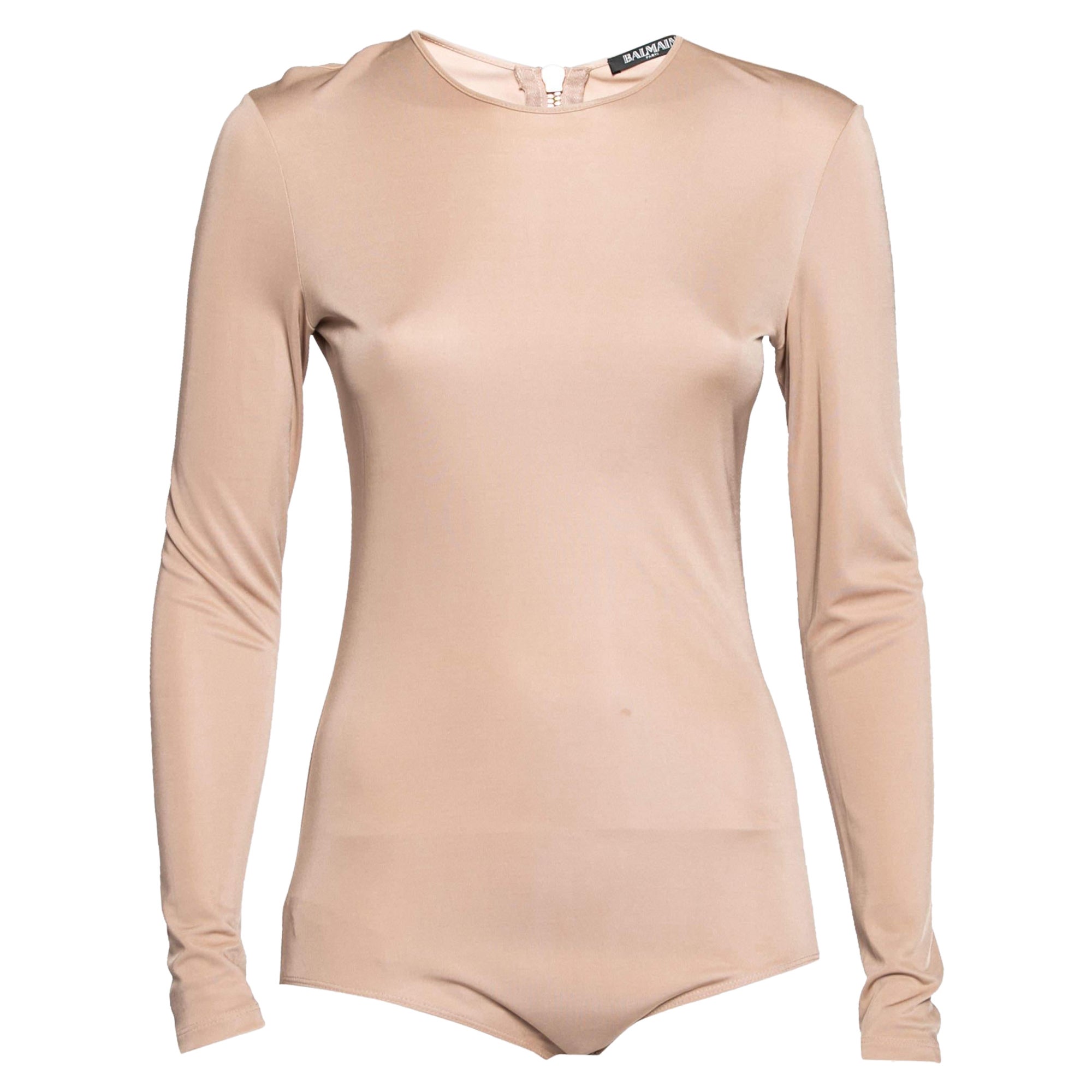 Balmain Nude Stretch Knit Long Sleeve Bodysuit M