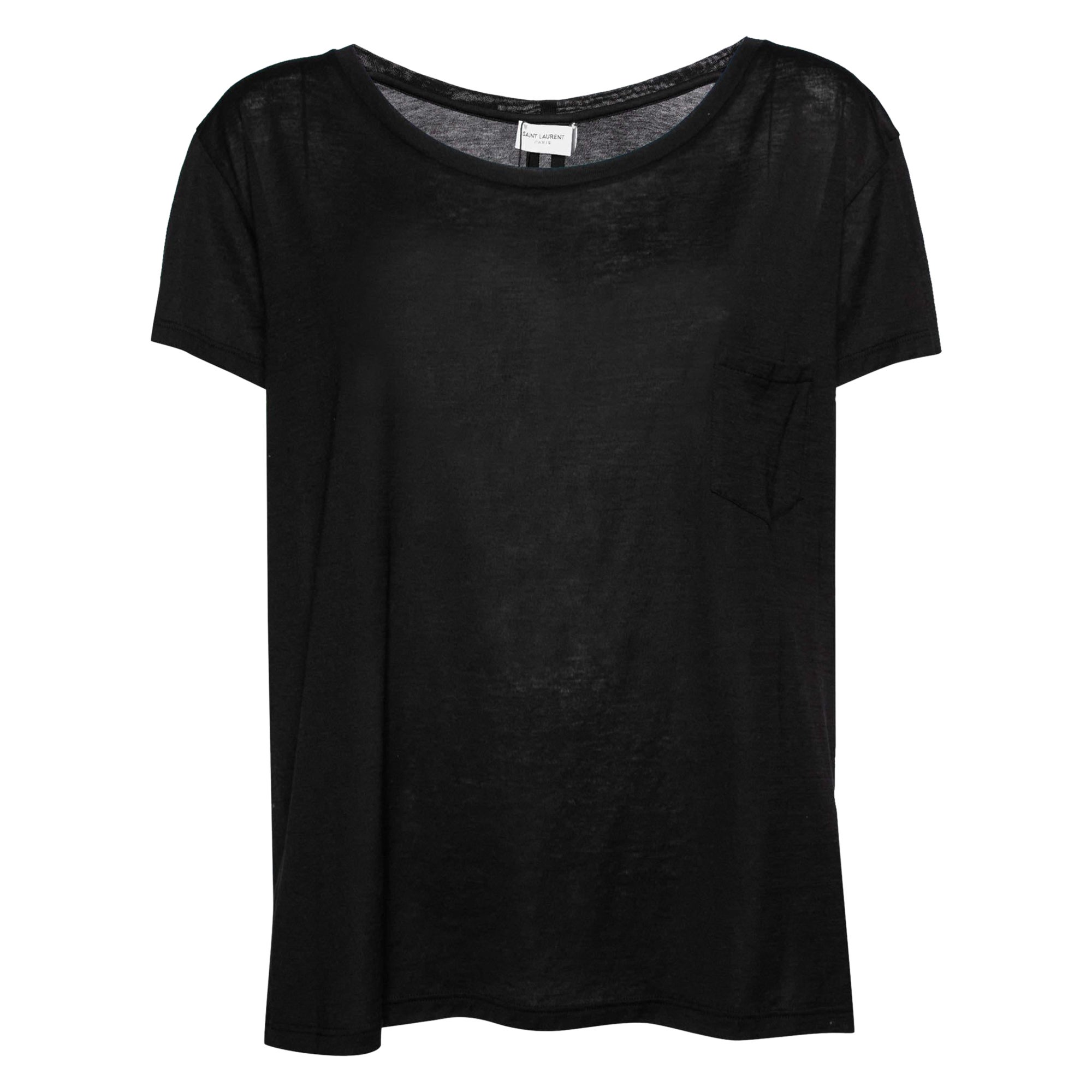 Saint Laurent Black Cotton Front Pocket Crew Neck Short Sleeve Top M