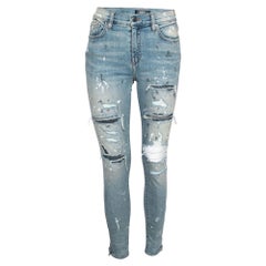 Amiri Blue Distressed Denim Crystal Embellished Inset Detail Skinny Jeans M