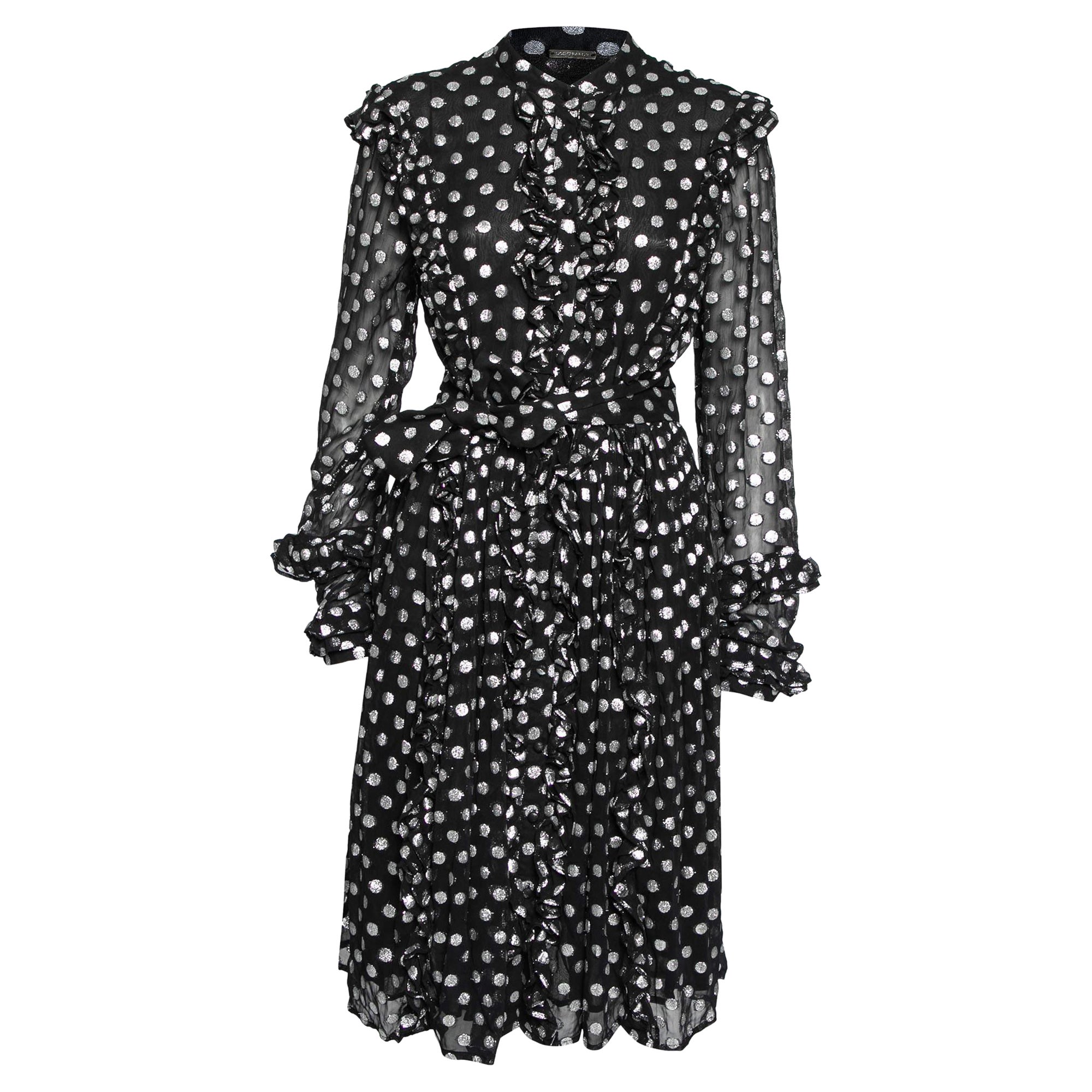 Dodo Baror Black & Silver Polka Dotted Chiffon Ruffle Trimmed Belted Dress M For Sale