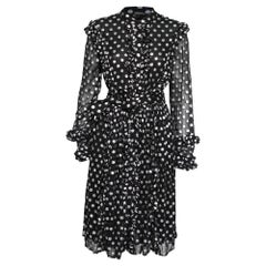 Dodo Baror Black & Silver Polka Dotted Chiffon Ruffle Trimmed Belted Dress M