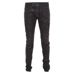 Balmain Black Waxed Leather Trim Denim Jeans M Waist 32"