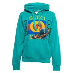 Gucci Teal Blaues Planet Sweatshirt aus Baumwolle mit Paillettenbesatz und Kapuze XS