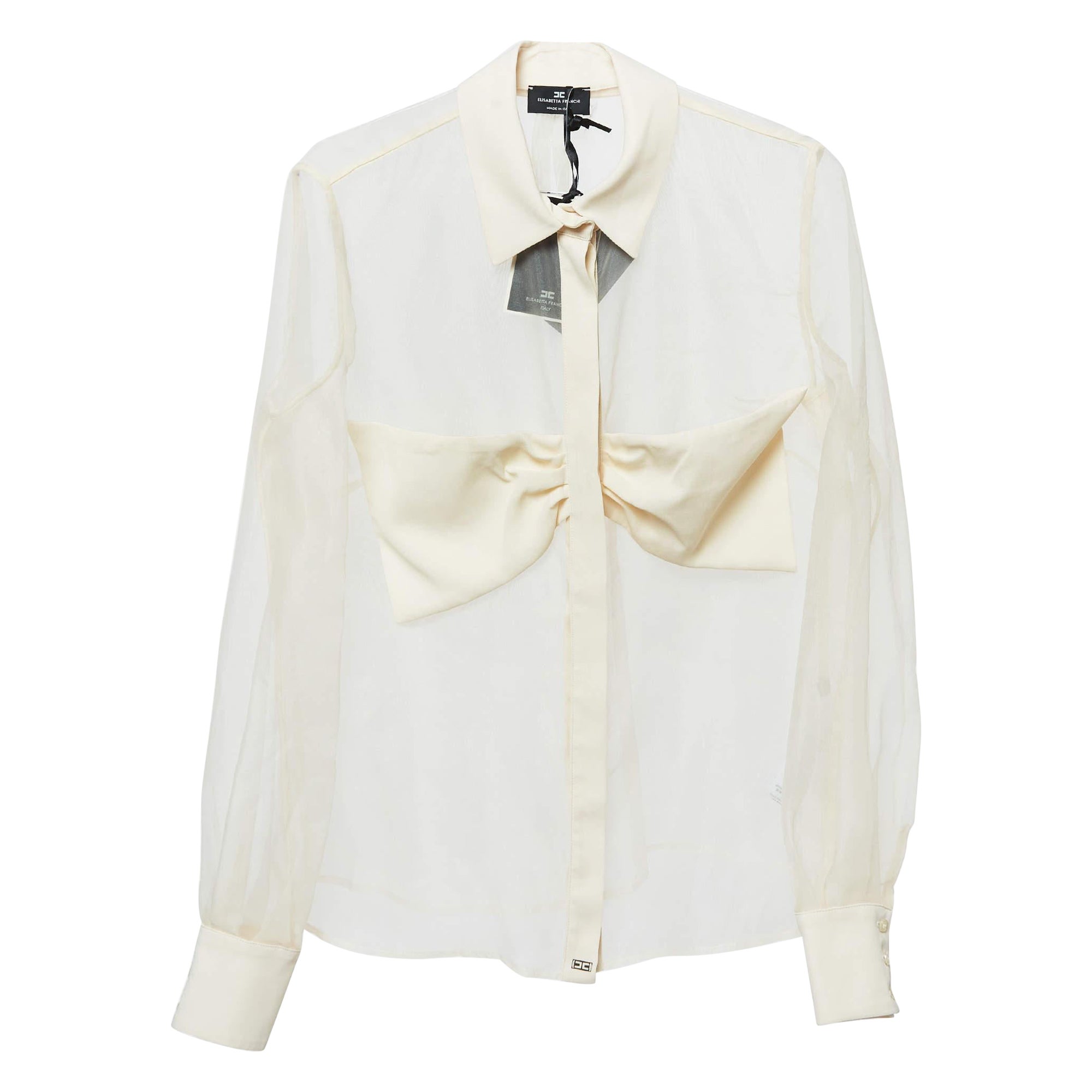 Elisabetta Franchi Beige Bow Detail Organza Sheer Shirt M For Sale
