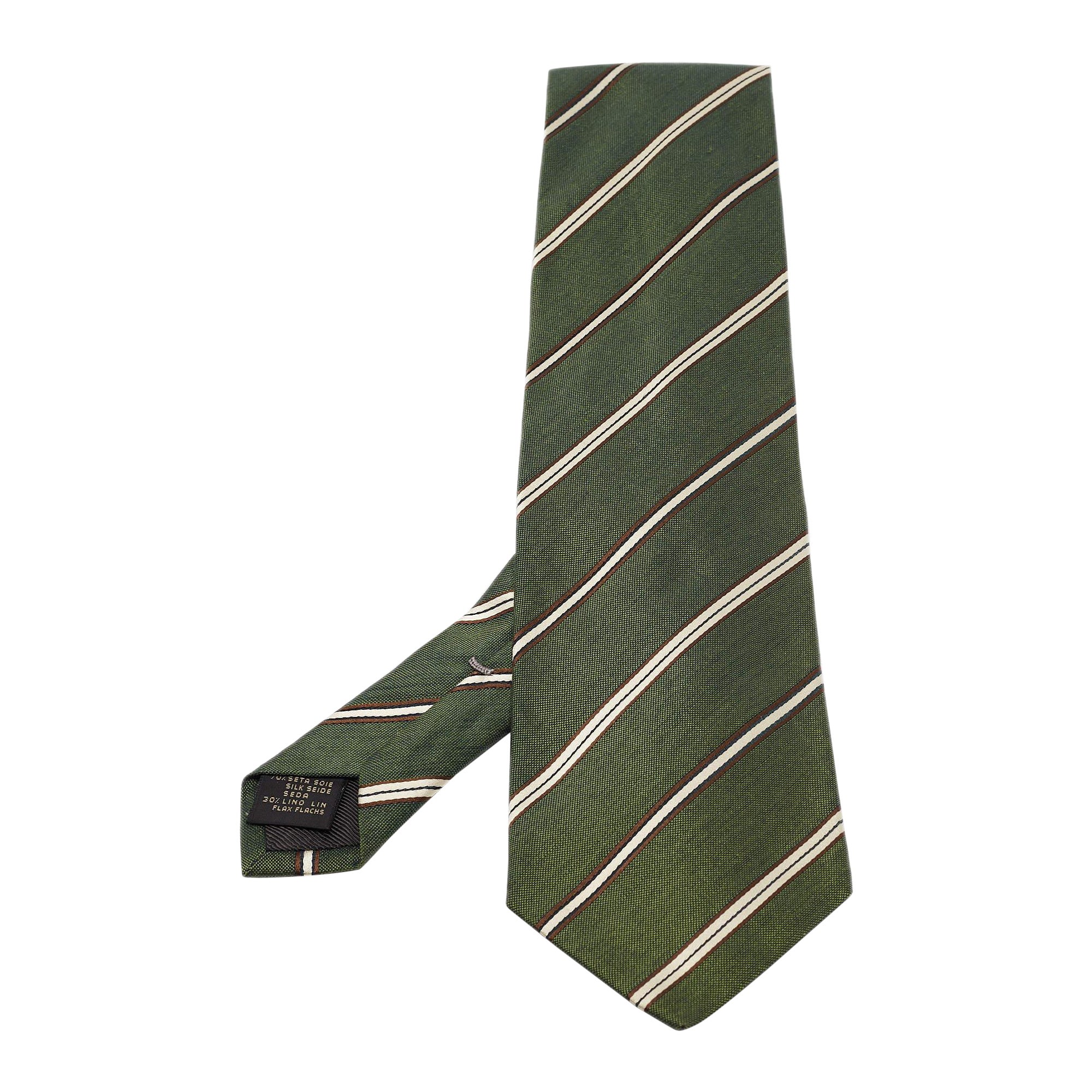 Ermenegildo Zegna Vintage Green Stripe Linen Silk Traditional Tie