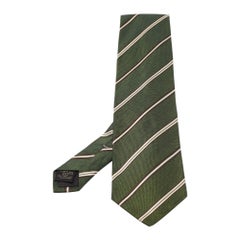 Ermenegildo Zegna Vintage Green Stripe Linen Silk Traditional Tie