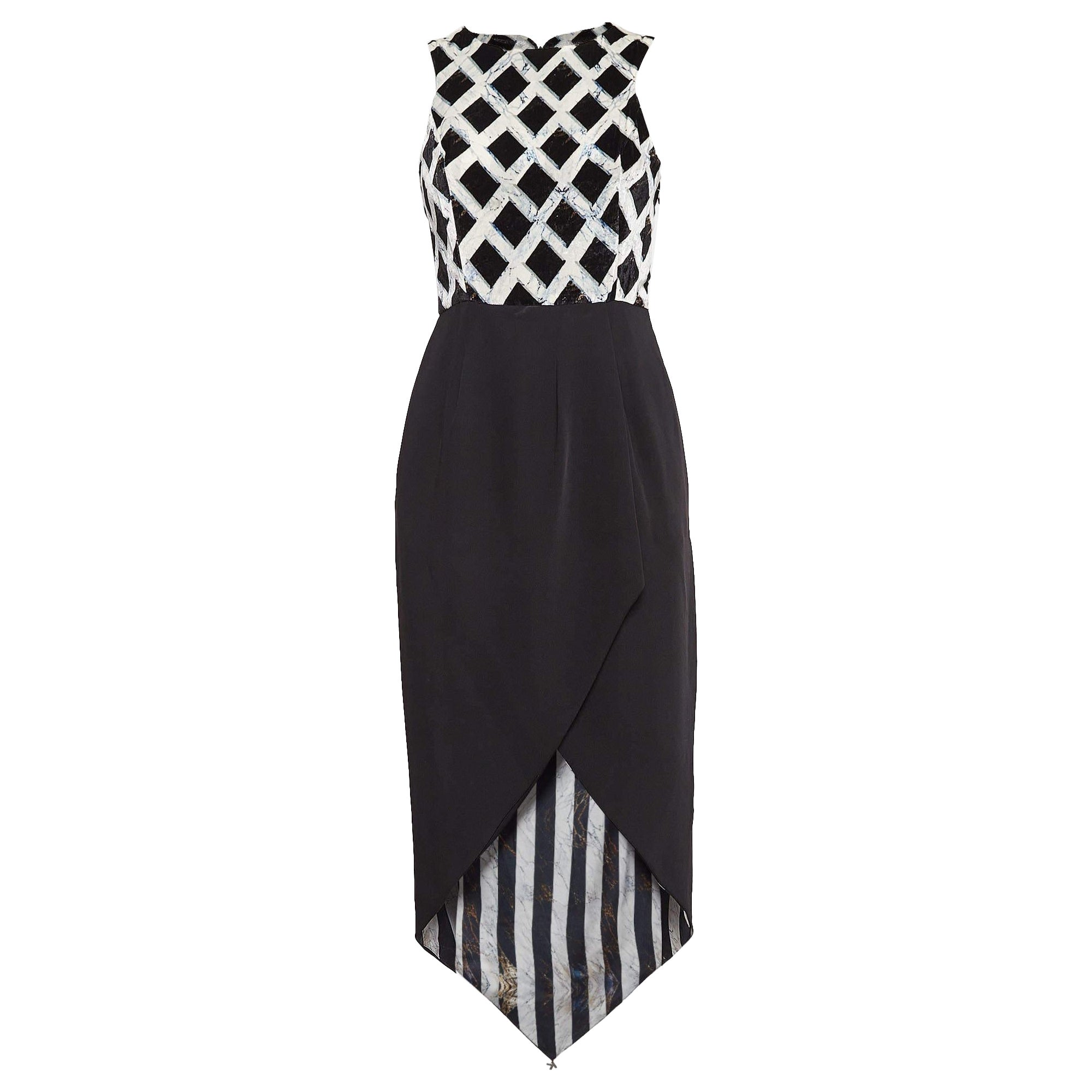 Kenzo Black Printed Velvet and Stretch Crepe Asymmetric Midi Dress S For Sale