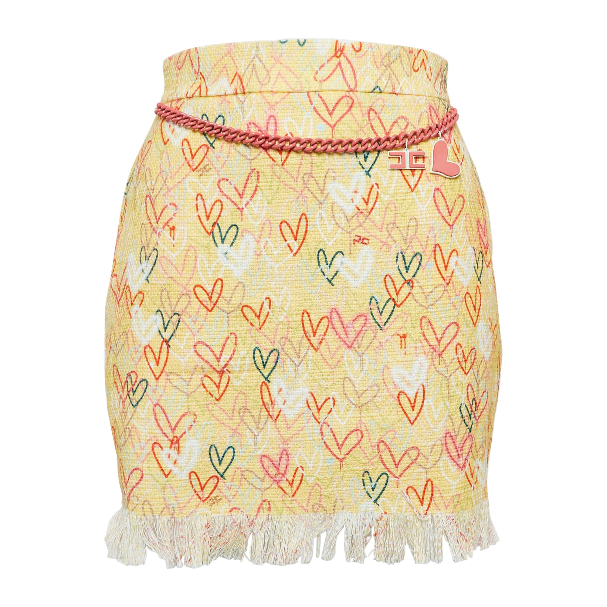 Elisabetta Franchi Yellow Hearts print Cotton Canvas Fringed Mini Skirt S For Sale