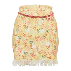 Elisabetta Franchi Yellow Hearts print Cotton Canvas Fringed Mini Skirt S