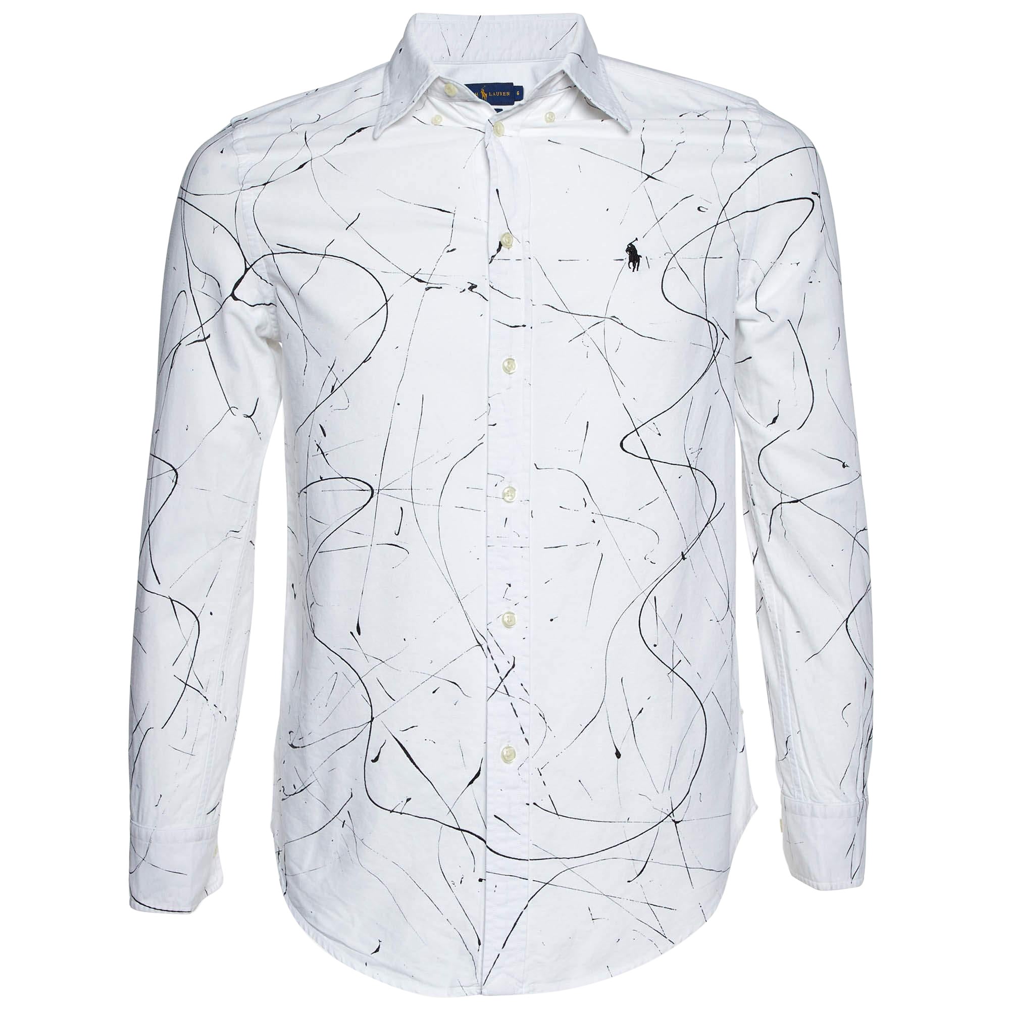 Ralph Lauren Camisa blanca de algodón estampada con botones M