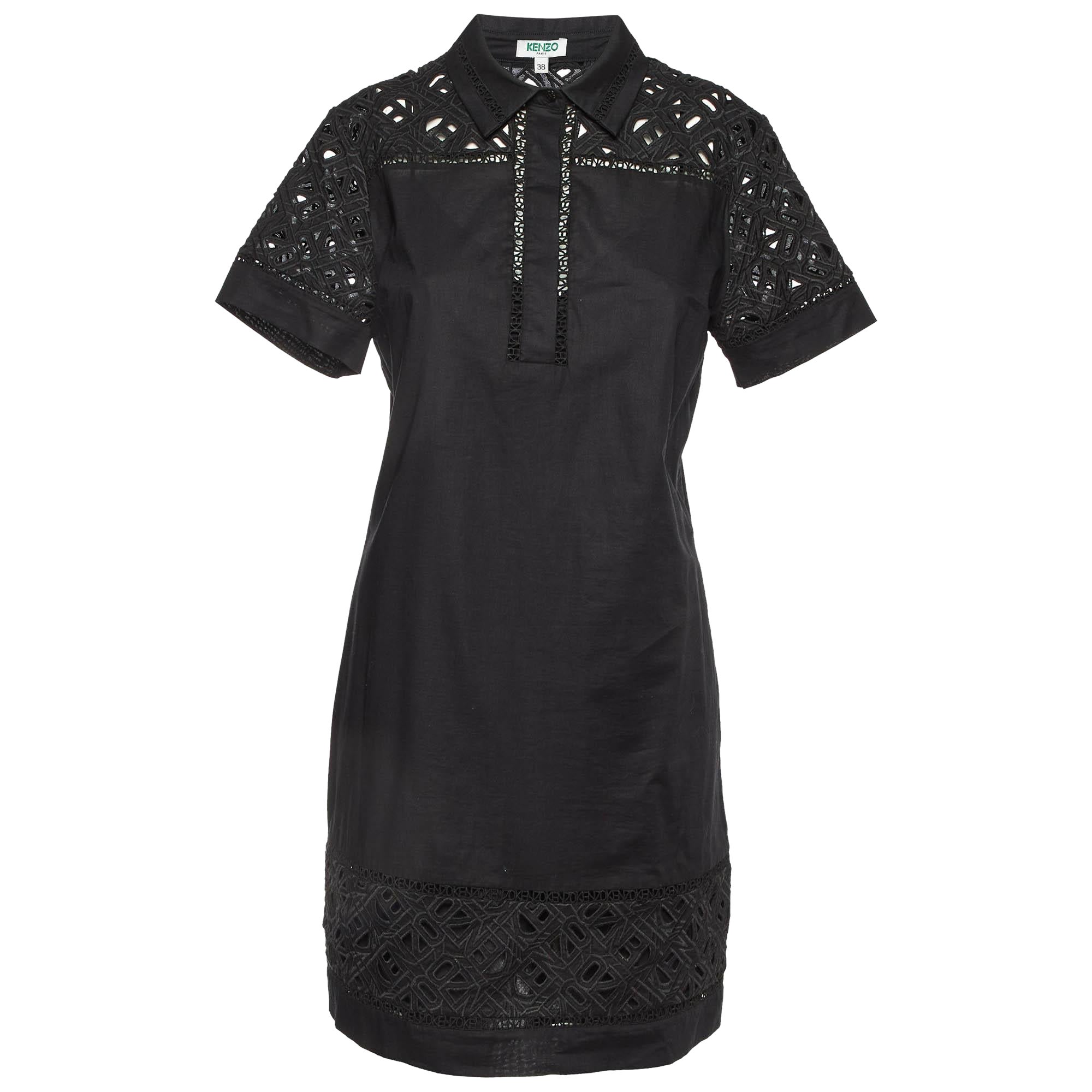 Kenzo Black Cotton Poplin Lace Detailed Short Sleeve Dress M en vente