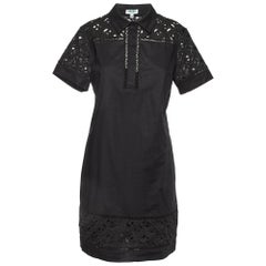 Kenzo - Vestito a maniche corte in popeline di cotone nero con dettagli in pizzo M.