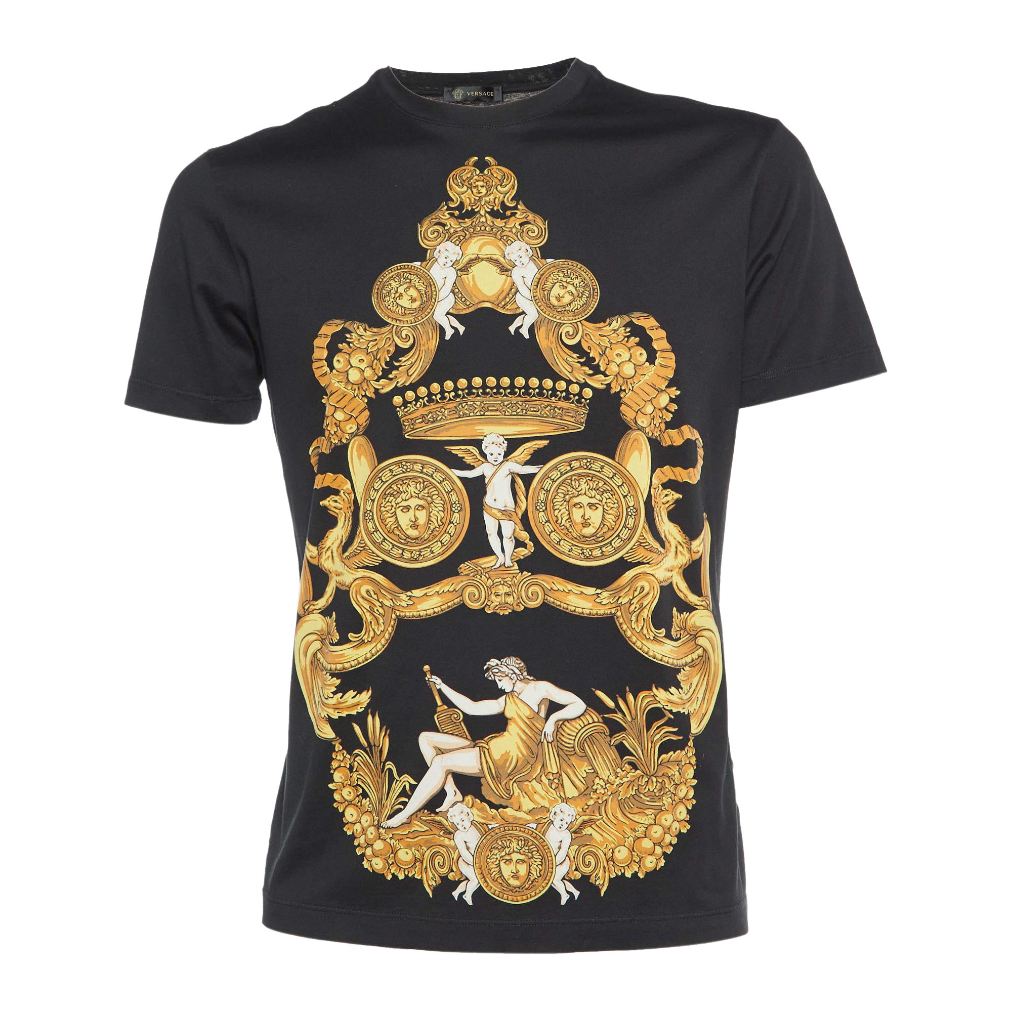 Versace Black Baroque Print Cotton Crew Neck T-Shirt M. M. en vente