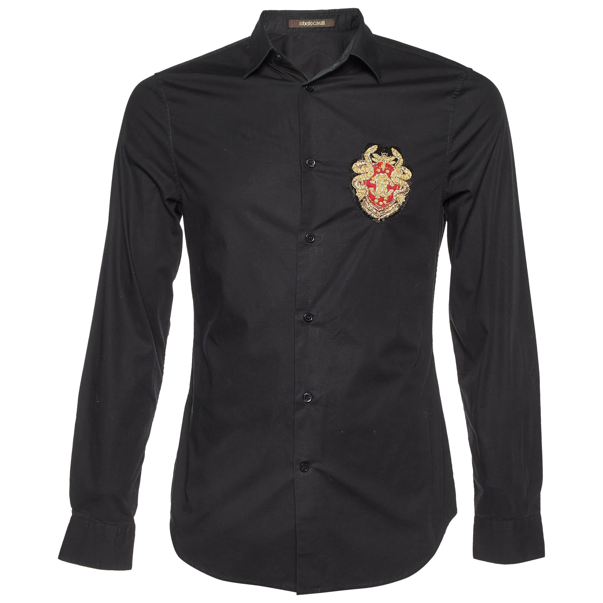 Roberto Cavalli - Camicia in cotone nero con logo e stemma ricamato sul davanti - S in vendita