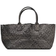 2010s Bottega Veneta Metallic Silver Woven Calfskin Medium Cabat