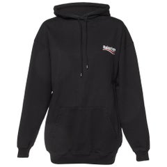 Balenciaga Black Logo Print Cotton Knit Hoodie XS