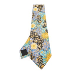 Cravate traditionnelle Brioni vintage en soie imprimée bleu/jaune