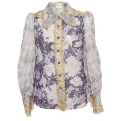 Zimmermann Blusa de Mezcla de Lino con Estampado Floral Celeste Púrpura S