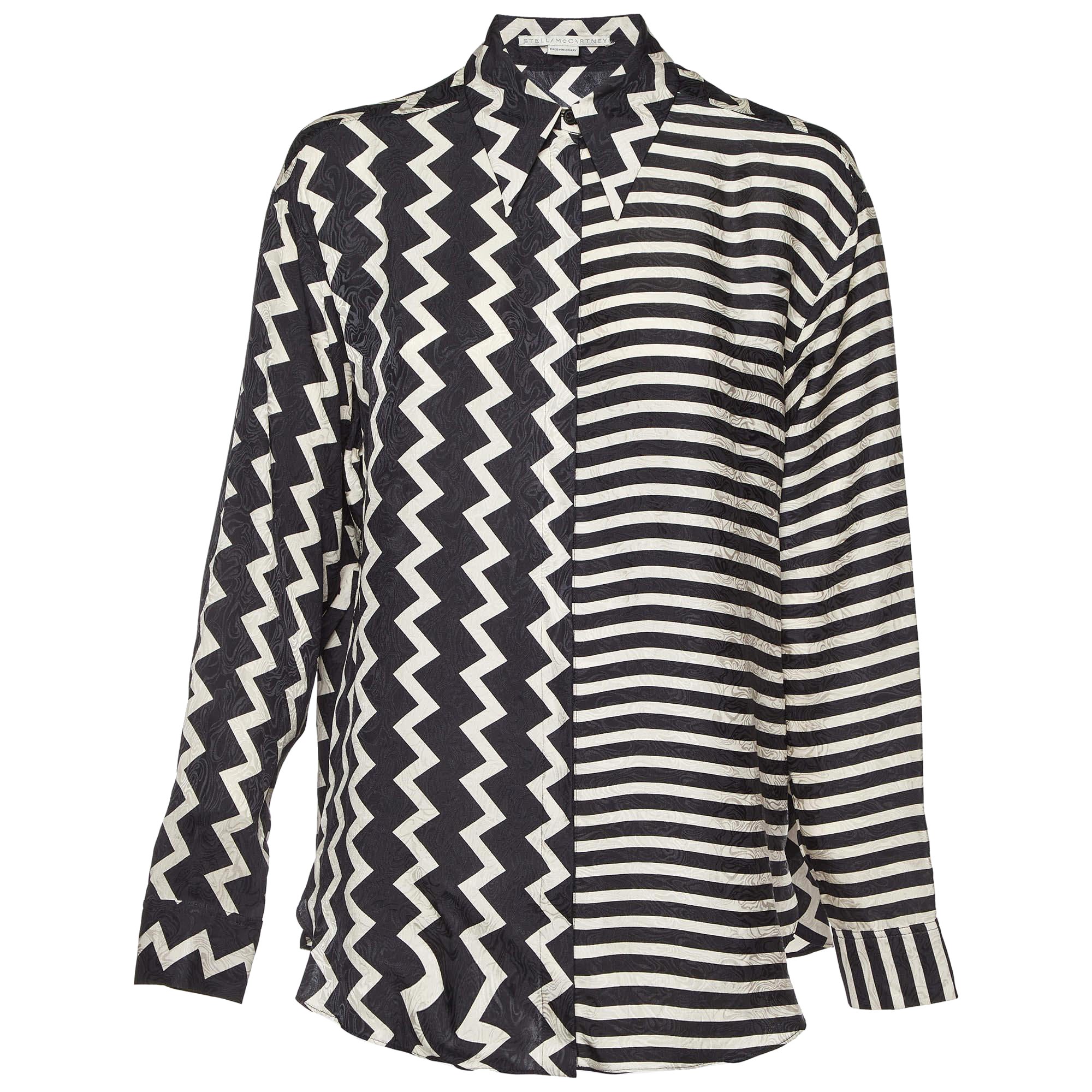Stella McCartney Black/White Chevron & Stripes Print Jacquard Silk Shirt S. S. White