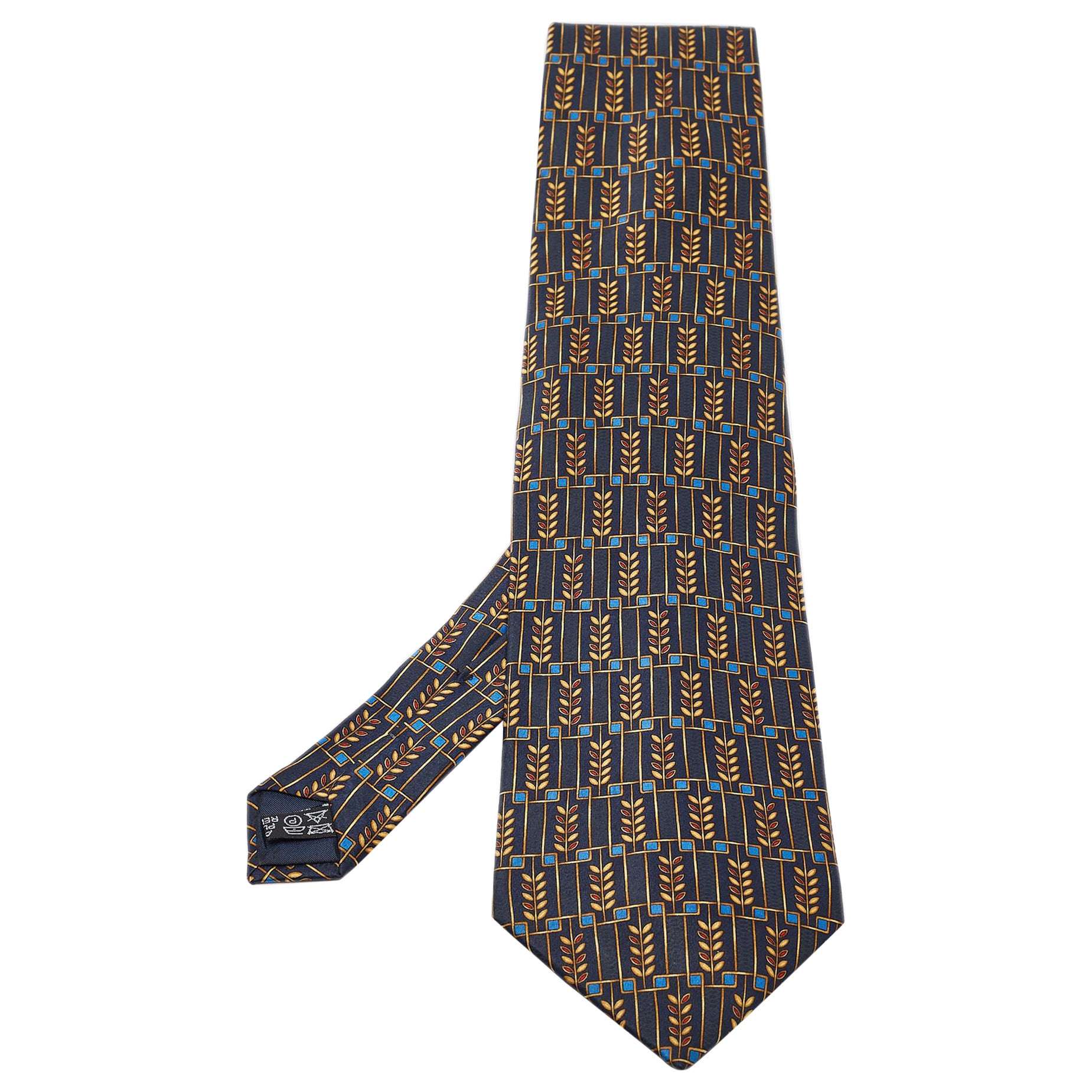 Lanvin Navy Blue Printed Satin Silk Traditional Tie For Sale