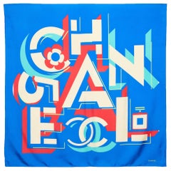 Chanel Blue Geometric Logo Print Silk Square Scarf