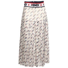 Fendi X Fila White Fendi Mania Print Silk Pleated Midi Skirt M
