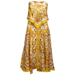 Dolce & Gabbana Yellow/White Majolica Print Silk Scarf Midi Dress S