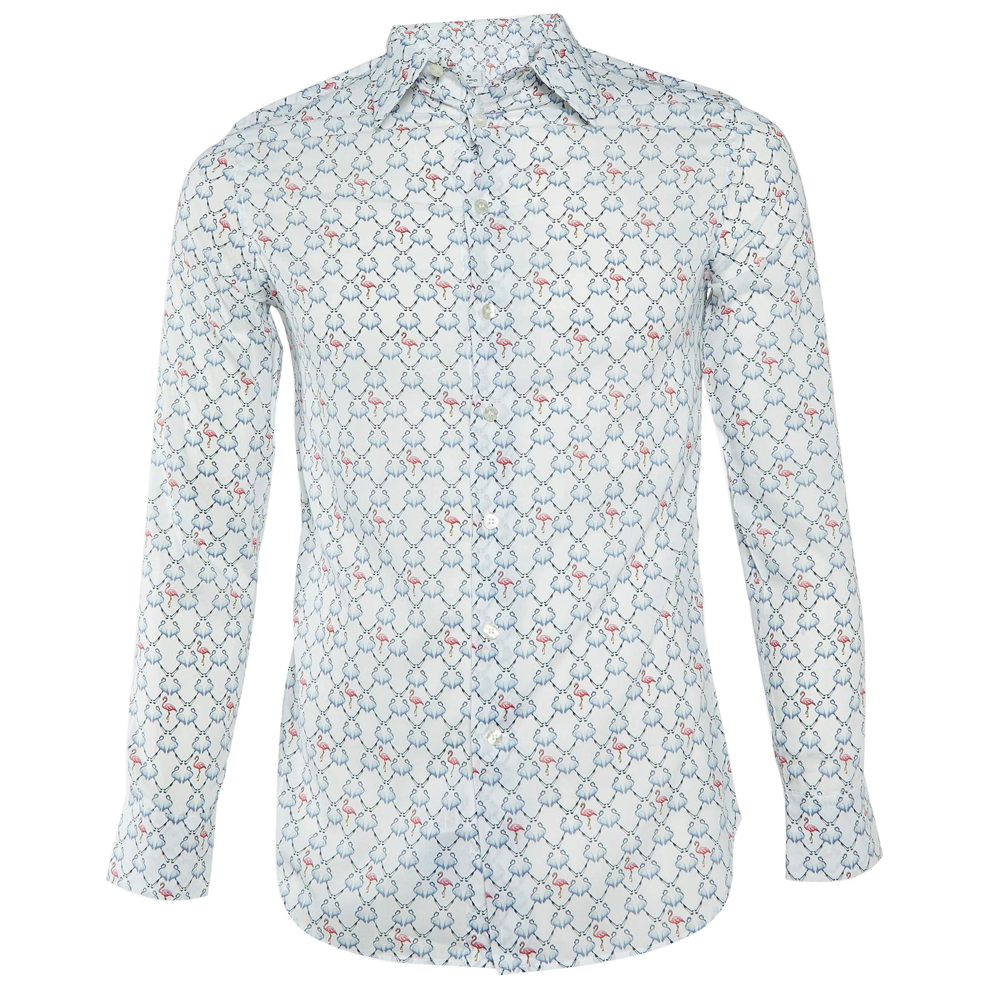 Etro White Camicia a maniche lunghe in cotone con stampa di fenicotteri S. in vendita