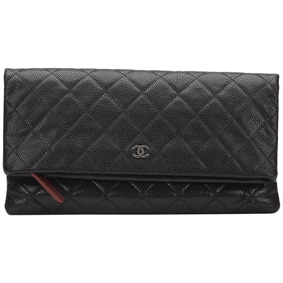 2015 Chanel Black Quilted Caviar Leather Beauty CC Foldover Clutch