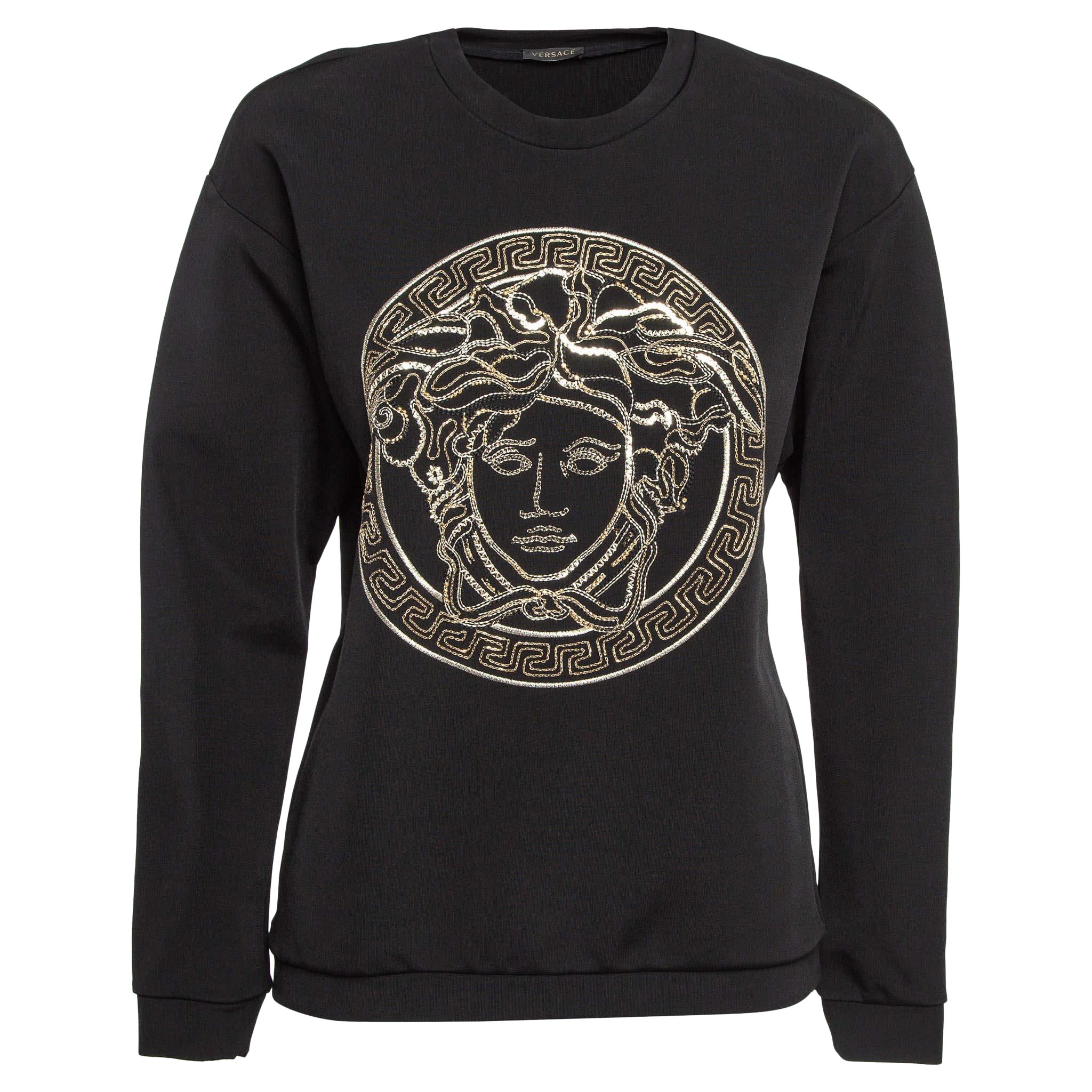 Versace Schwarzes Medussa besticktes Pulloverhemd aus Stretch-Strick M