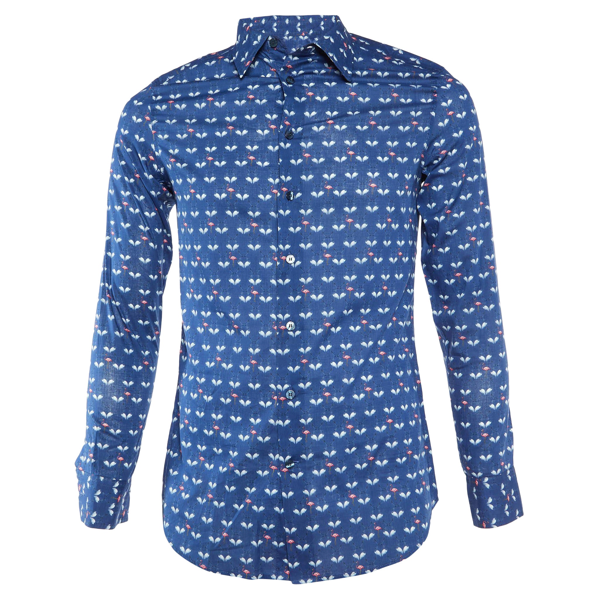 Etro - Camicia a maniche lunghe in cotone con stampa di fenicotteri blu navy M. I.