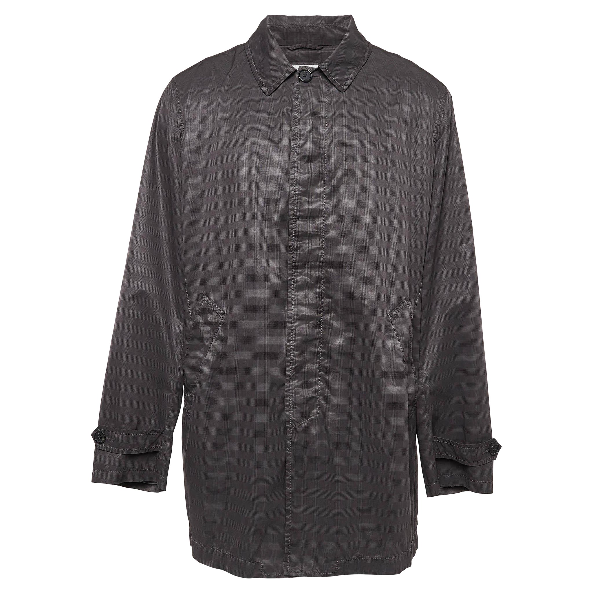Armani Collezioni Grey Checkered Synthetic Long Overcoat XXXL For Sale