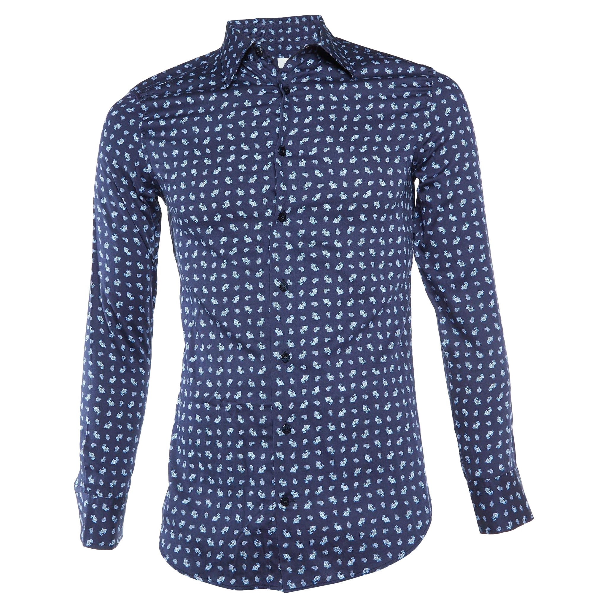Etro - Camicia a maniche lunghe in cotone con stampa Paisley blu navy - S
