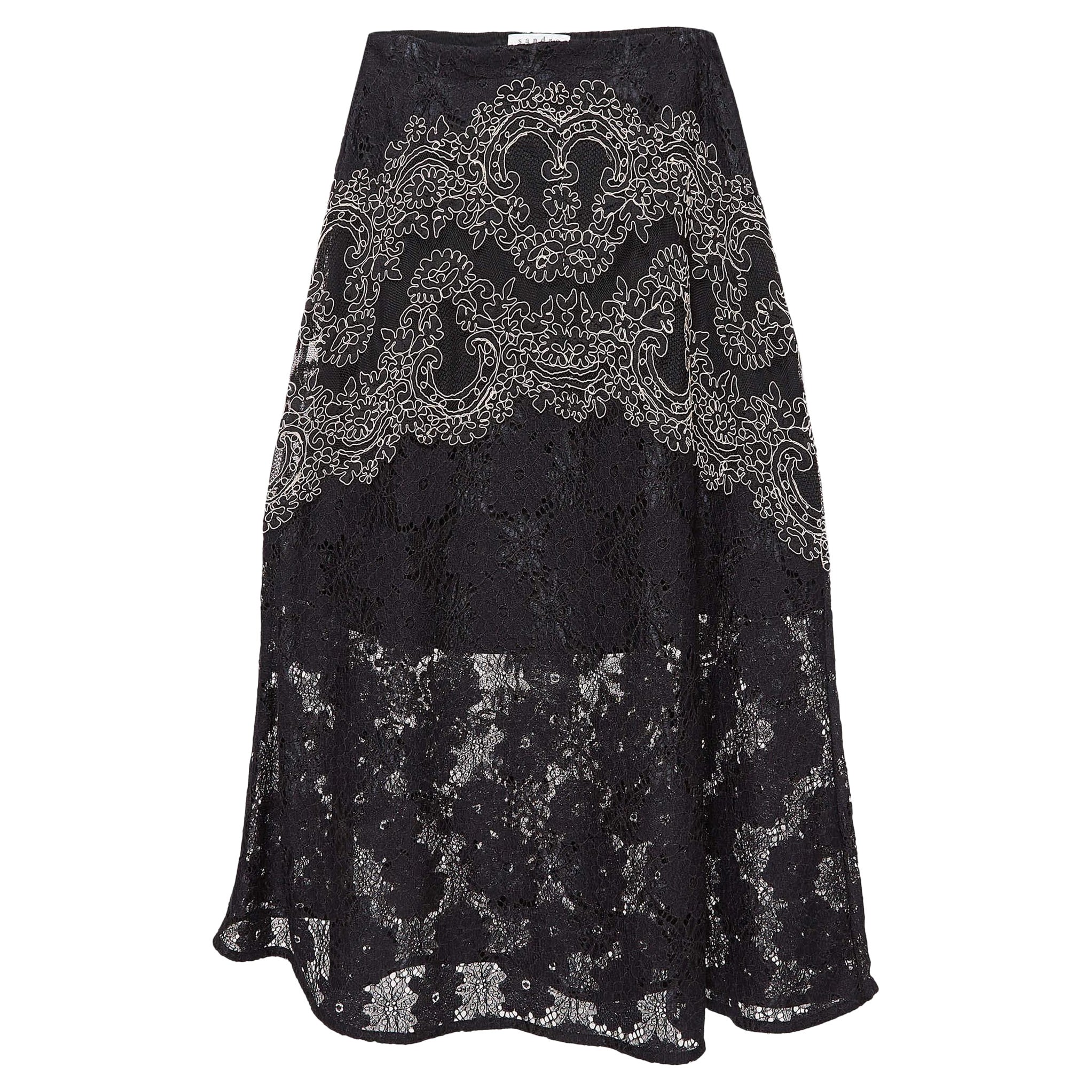 Sandro Black Lace Embroidered Midi Skirt M For Sale