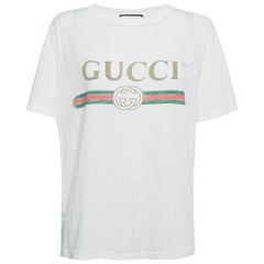 Gucci White Logo Print Distressed Cotton T-Shirt S