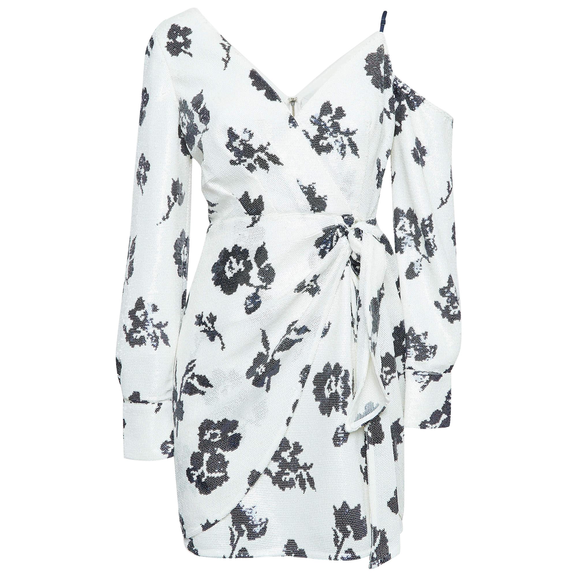 Self-Portrait Blanco Floral Lentejuelas Un Hombro Mini Vestido M en venta