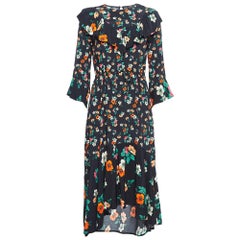Maje Black Floral Print Crepe Ruffled Midi Dress M