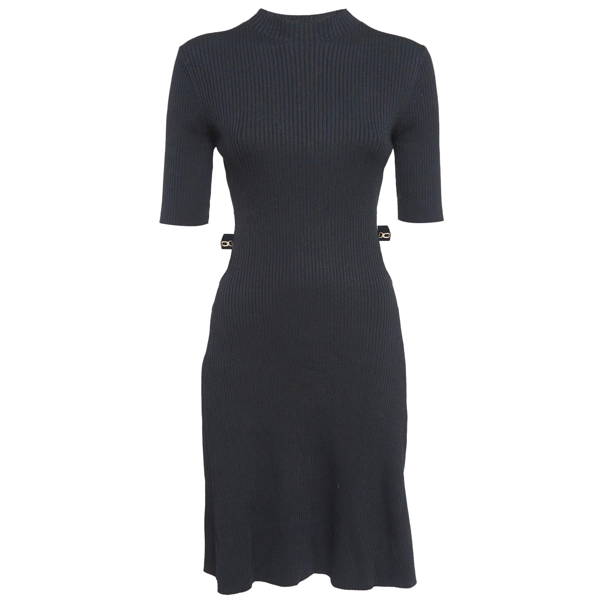 Maje Black Rib Knit Cut-Out Detail Midi Dress L For Sale