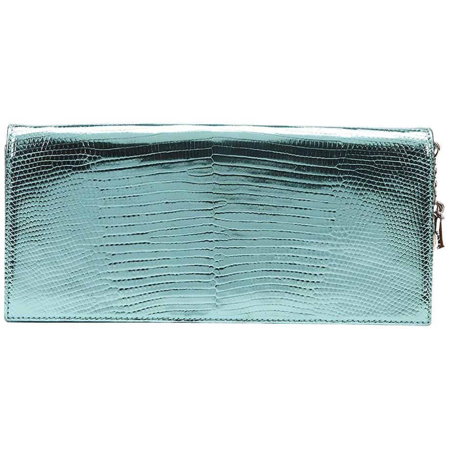 2010s Christian Dior Mint Embossed Metallic Patent Leather Evening Clutch