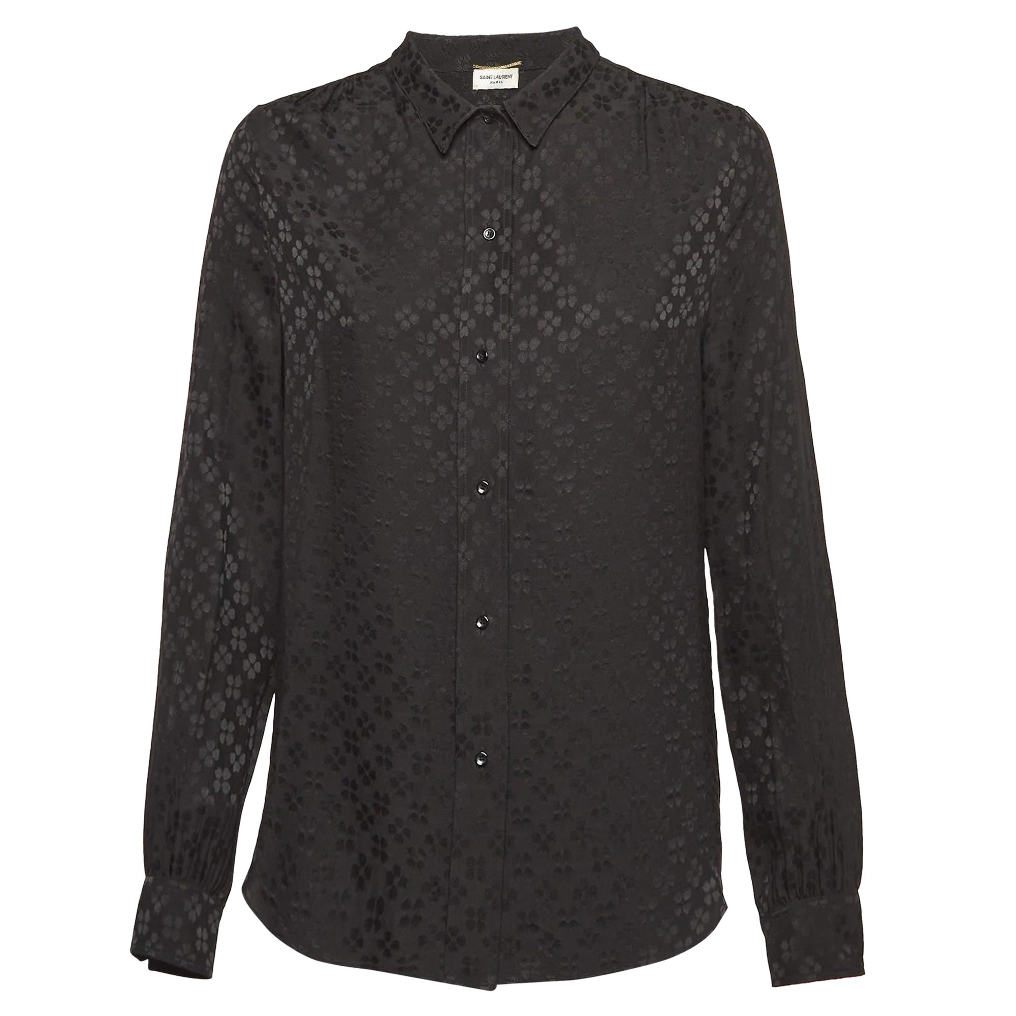 Saint Laurent Paris Camicia a maniche lunghe in seta jacquard nera S