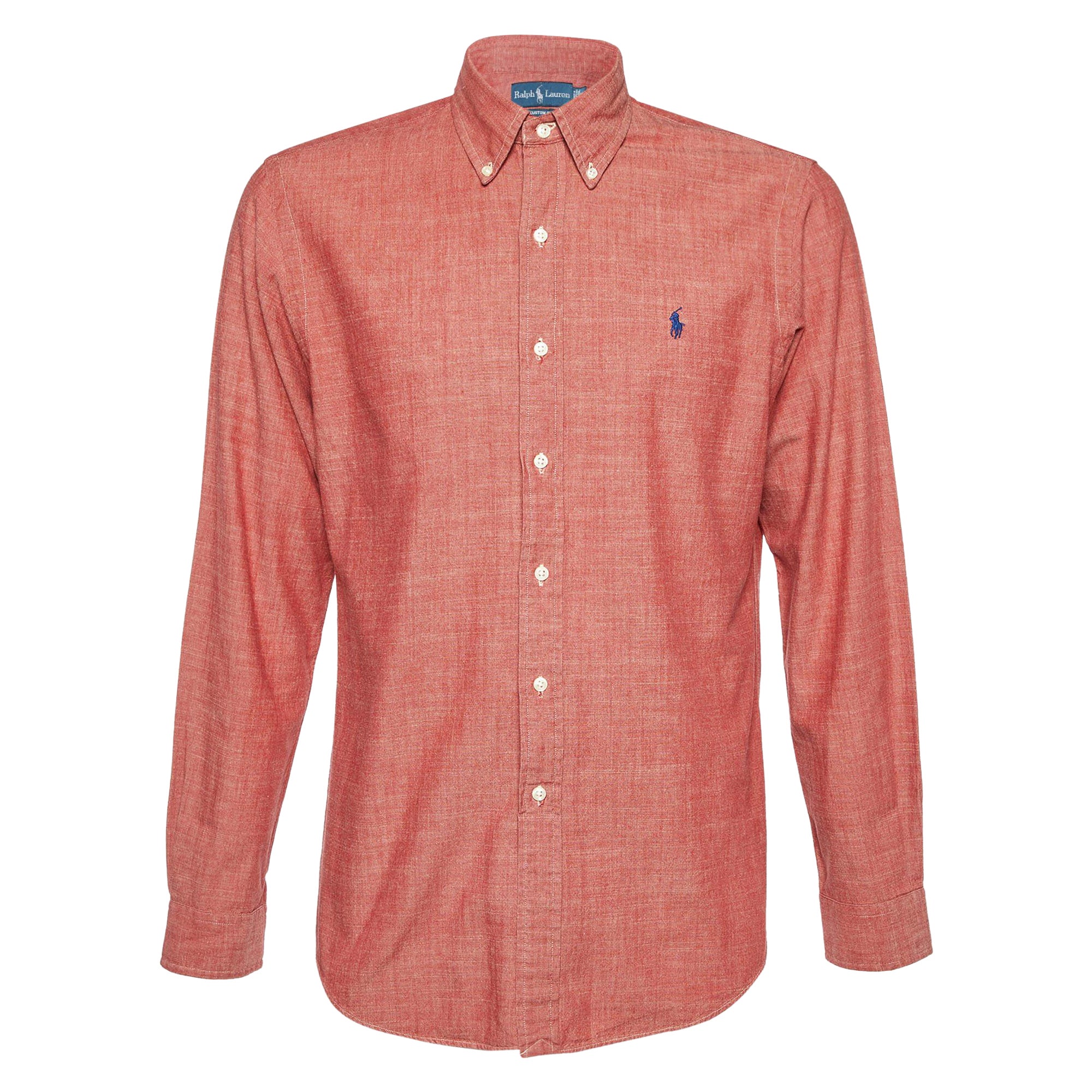 Ralph Lauren, camicia in cotone rosso corallo con bottoni a pressione M. in vendita