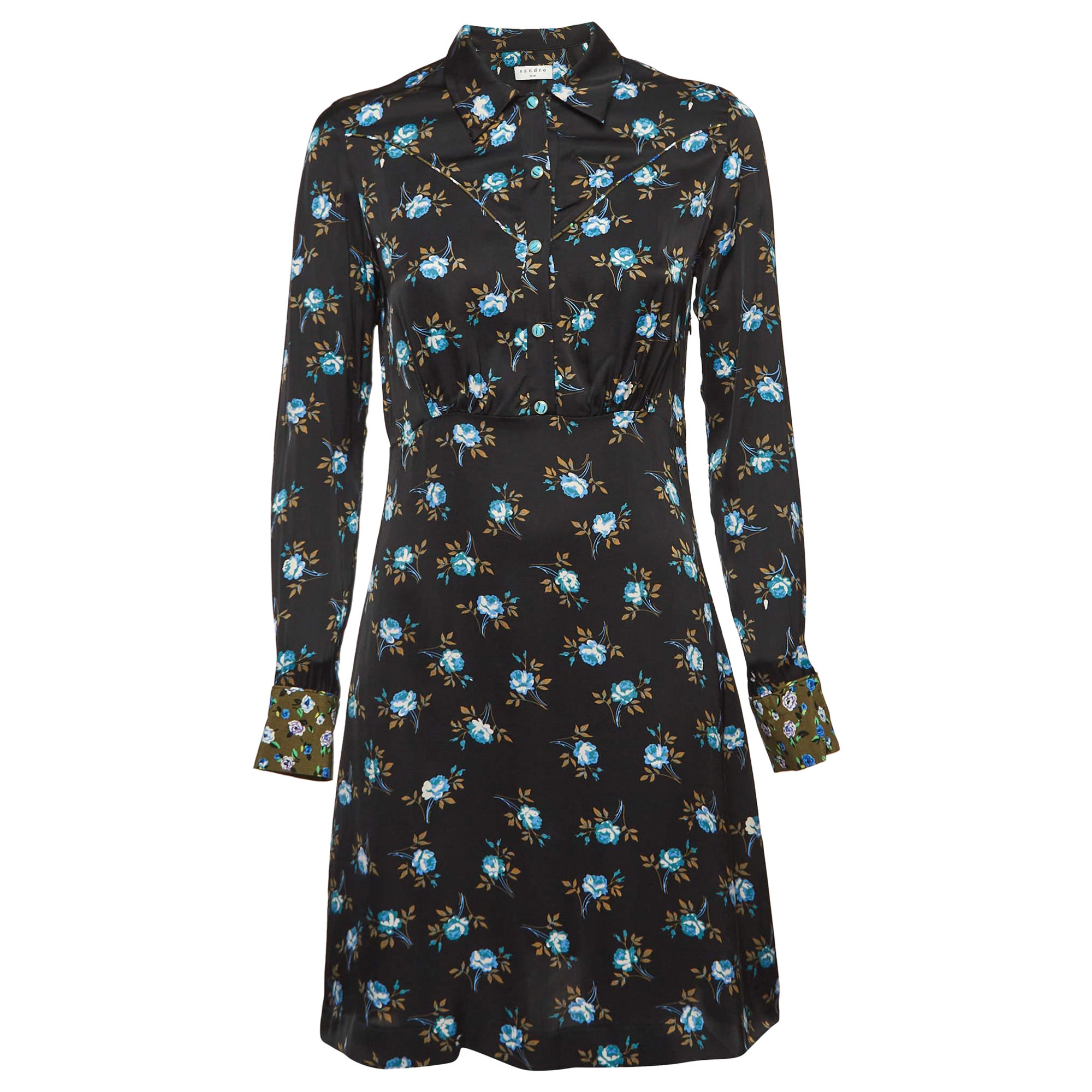 Sandro Black Floral Print Satin Short Dress S For Sale