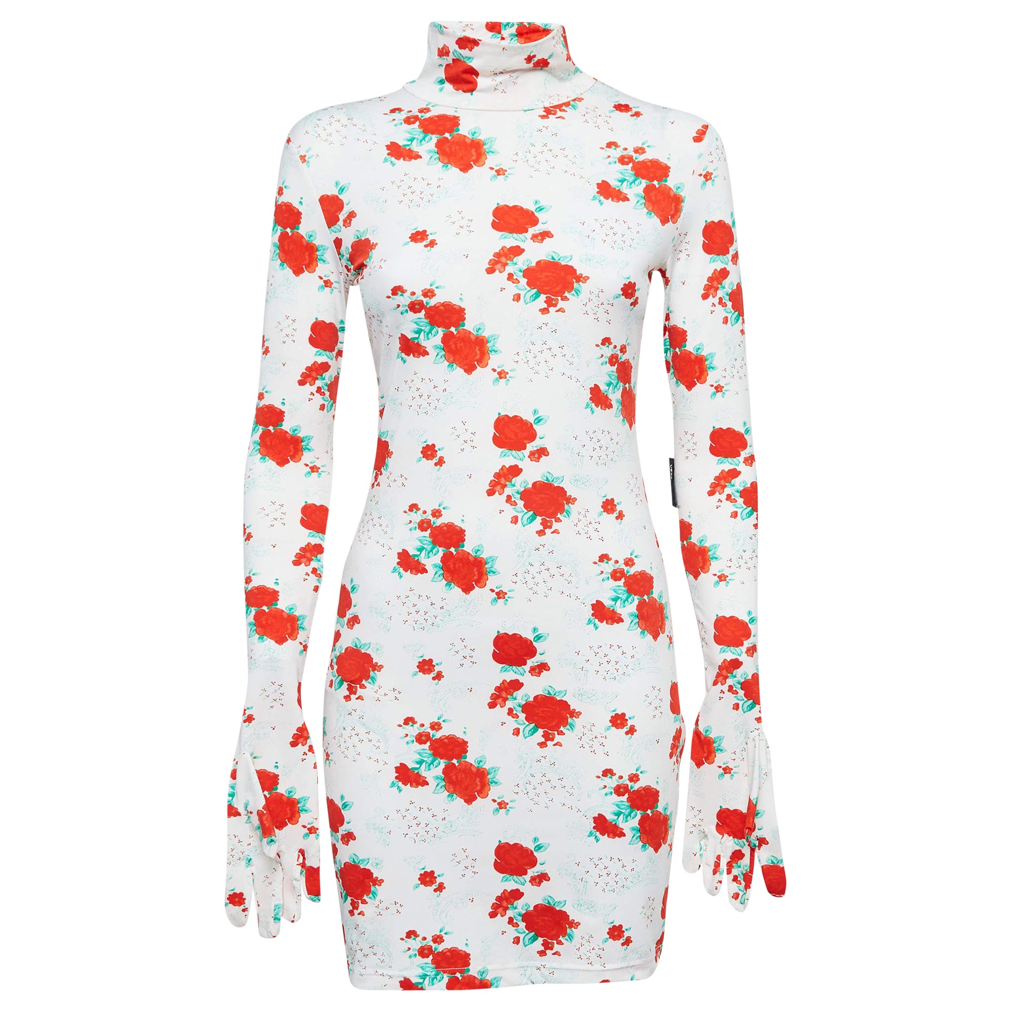 Vetements White Floral Print Jersey Bodycon Mini Dress With Golves M For Sale