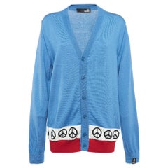 Cardigan Love Moschino bleu Intarsia en maille avec boutons sur le devant L