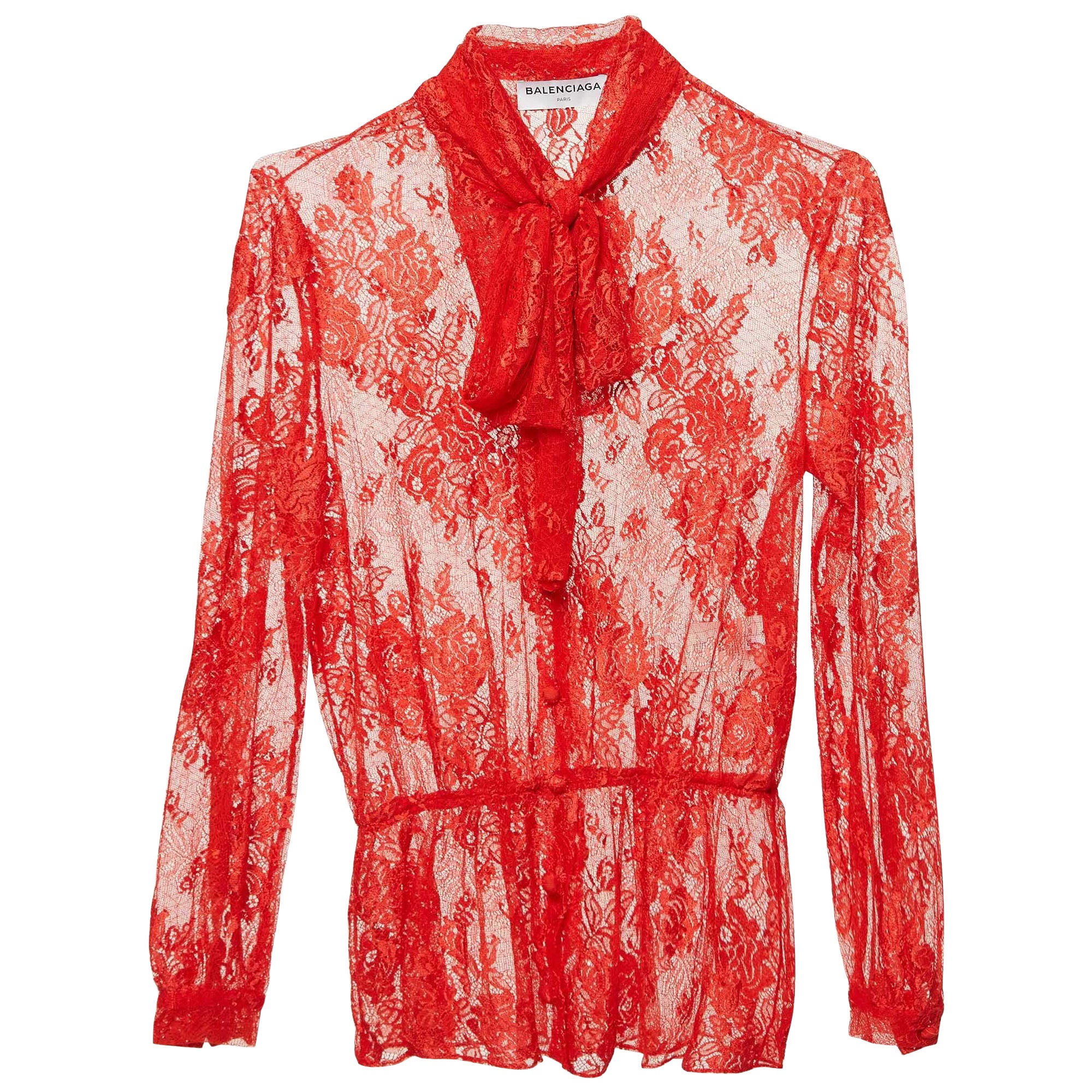 Balenciaga Red Sheer Lace Neck Tie-Up Top M For Sale