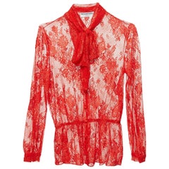 Balenciaga Red Sheer Lace Neck Tie-Up Top M