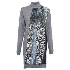 Roberto Cavalli Grey Printed Silk and Knit Turtle Neck Short Dress M