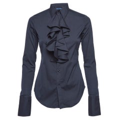 Ralph Lauren - Chemise bleu marine en coton mélangé à col à volants S