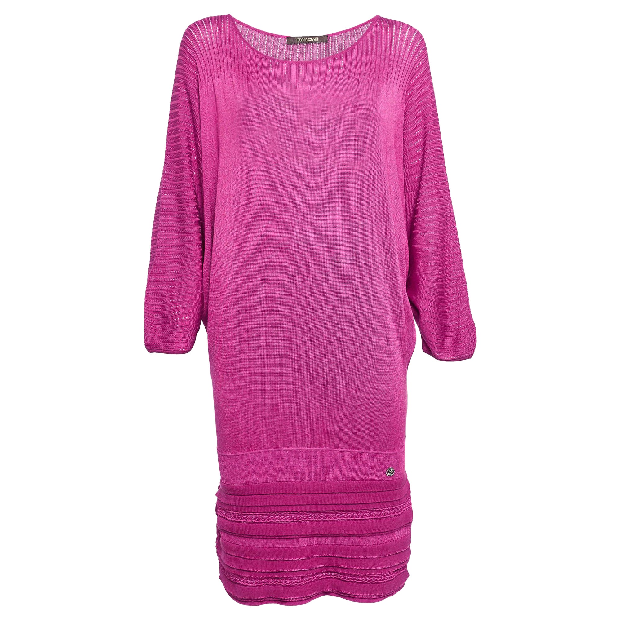 Roberto Cavalli Pink Pointelle Knit Dolman Sleeve Mini Dress M For Sale