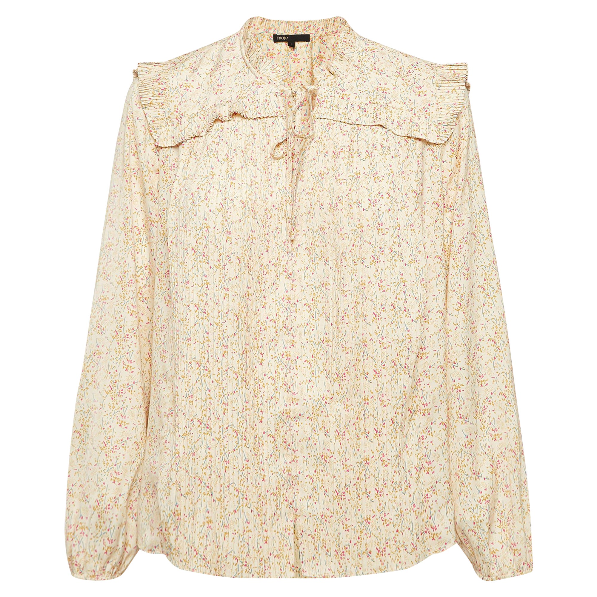Maje Beige Printed Crepe Plisse Detail Top M For Sale